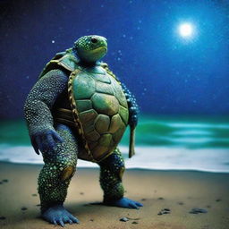 A vivid raw photograph of a tired, ancient, weathered turtle man with a shell decorated in prominent glowing barnacles