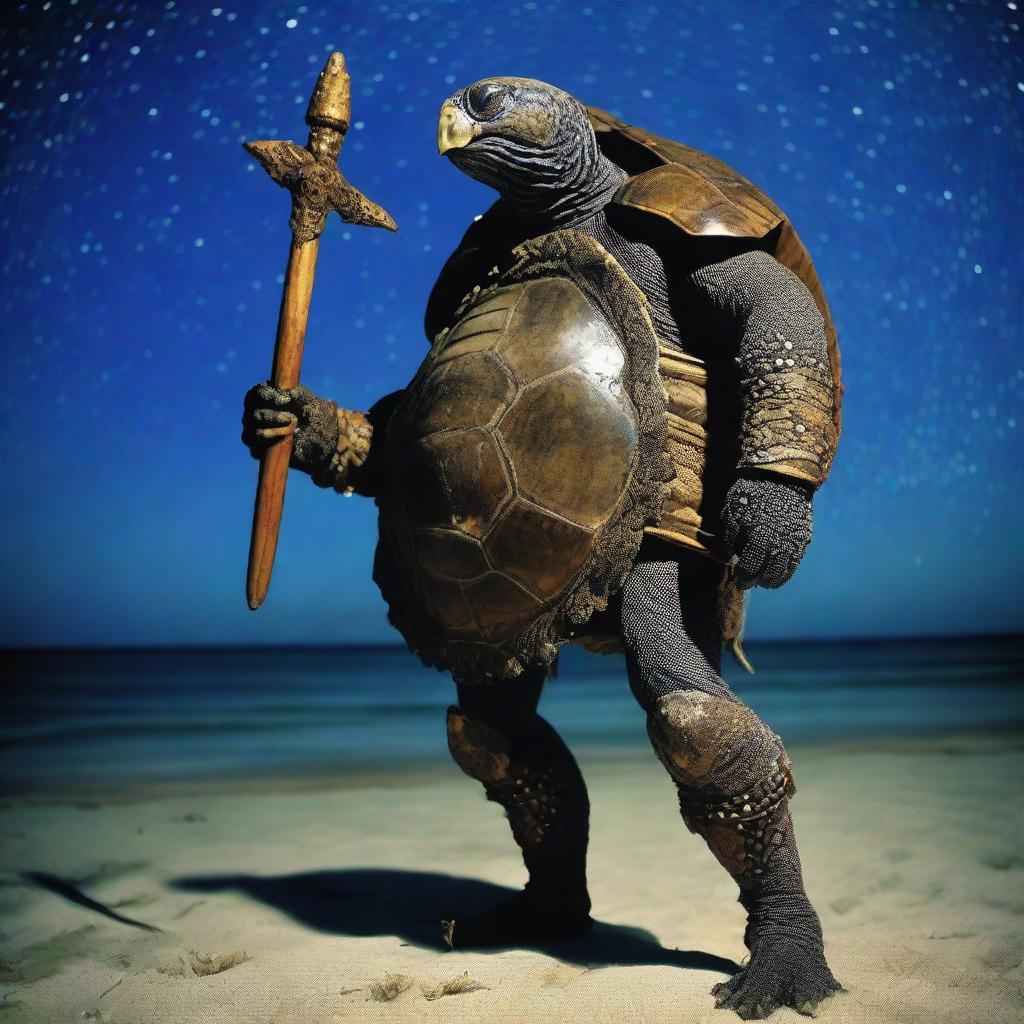 A vivid raw photograph of a tired, ancient, weathered turtle man with a turtle shell that is decorated in prominent glowing barnacles