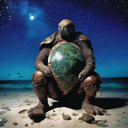 A vivid raw photograph of a tired, ancient, weathered turtle man with a turtle shell that is decorated in prominent glowing barnacles