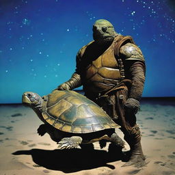 A vivid raw photograph of a tired, ancient, weathered turtle man with a turtle shell that is decorated in prominent glowing barnacles