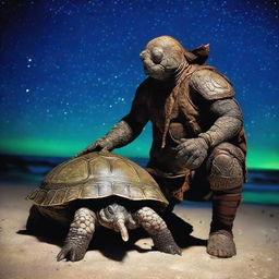 A vivid raw photograph of a tired, ancient, weathered turtle man with a turtle shell that is decorated in prominent glowing barnacles