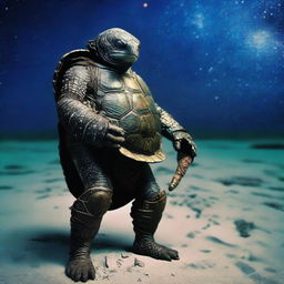 A vivid raw photograph of a tired, ancient, weathered turtle man with a turtle shell that is decorated in prominent glowing barnacles