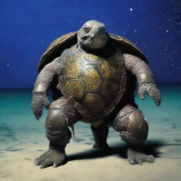 A vivid raw photograph of a tired, ancient, weathered turtle man with a turtle shell that is decorated in prominent glowing barnacles