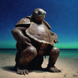 A vivid raw photograph of a tired, ancient, weathered turtle man with a turtle shell that is decorated in prominent glowing barnacles