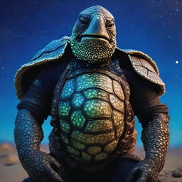 A vivid raw photograph of a tired, ancient, weathered turtle man with a turtle shell that is decorated in prominent glowing barnacles