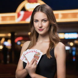 A confident young woman holding a fan of playing cards in one hand and a handful of casino coins in the other, standing against the stunning backdrop of a bustling casino's glare.