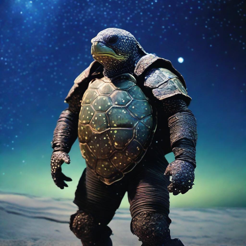 A vivid raw photograph of a tired, ancient, weathered turtle man with a turtle shell that is decorated in prominent glowing barnacles