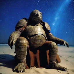 A vivid raw photograph of a tired, ancient, weathered turtle man with a turtle shell that is decorated in prominent glowing barnacles