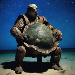 A vivid raw photograph of a tired, ancient, weathered turtle man with a turtle shell that is decorated in prominent glowing barnacles