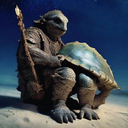 A vivid raw photograph of a tired, ancient, weathered turtle man with a turtle shell that is decorated in prominent glowing barnacles