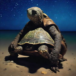 A vivid raw photograph of a tired, ancient, weathered turtle man with a turtle shell that is decorated in prominent glowing barnacles