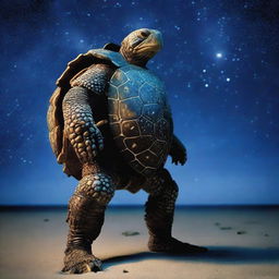 A vivid raw photograph of a tired, ancient, weathered turtle man with a turtle shell that is decorated in prominent glowing barnacles