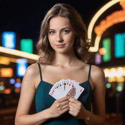 A confident young woman holding a fan of playing cards in one hand and a handful of casino coins in the other, standing against the stunning backdrop of a bustling casino's glare.