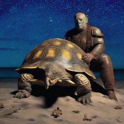 A vivid raw photograph of a tired, ancient, weathered turtle man with a turtle shell that is decorated in prominent glowing barnacles