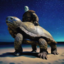 A vivid raw photograph of a tired, ancient, weathered turtle man with a turtle shell that is decorated in prominent glowing barnacles