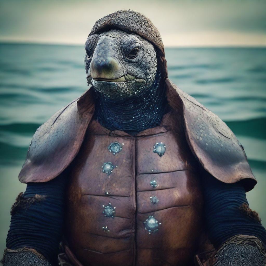 A raw photograph of an old, weathered turtle man who is a sea captain of an old wooden ship