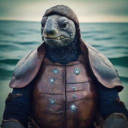 A raw photograph of an old, weathered turtle man who is a sea captain of an old wooden ship