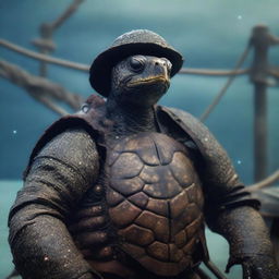 A raw photograph of an old, weathered turtle man who is a sea captain of an old wooden ship