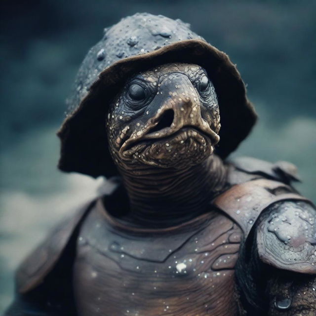 A raw photograph of an old, weathered turtle man who is a sea captain of an old wooden ship