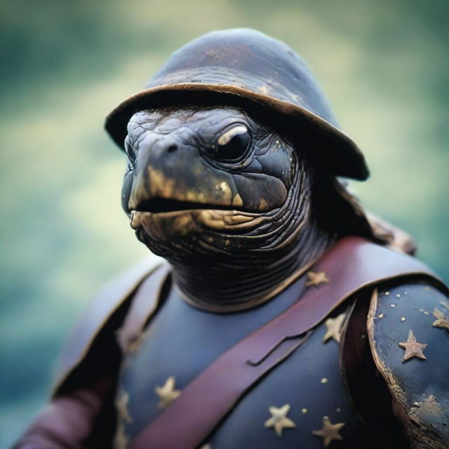 A raw photograph of an old, weathered turtle man who is a sea captain of an old wooden ship