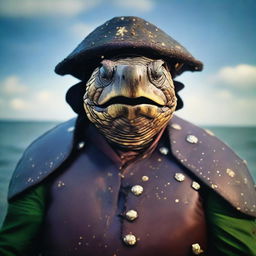 A raw photograph of an old, weathered turtle man who is a sea captain of an old wooden ship