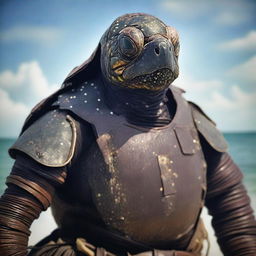 A raw photograph of an old, weathered turtle man who is a sea captain of an old wooden ship