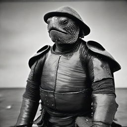 A raw photograph of an old, weathered turtle man who is a sea captain of an old wooden ship