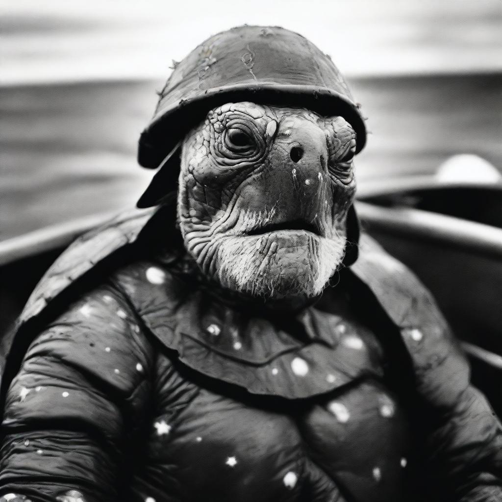 A raw photograph of an elderly, weathered turtle man who is a sea captain of an old wooden ship