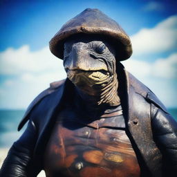 A raw photograph of an elderly, weathered turtle man who is a sea captain of an old wooden ship