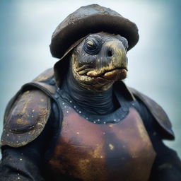 A raw photograph of an old, weathered turtle man who is a sea captain of an old wooden ship