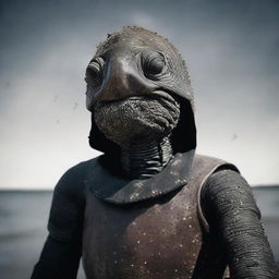 A raw photograph of an old, weathered turtle man who is a sea captain of an old wooden ship