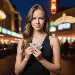 A confident young woman holding a fan of playing cards in one hand and a handful of casino coins in the other, standing against the stunning backdrop of a bustling casino's glare.