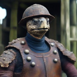 A raw photograph of an old, weathered turtle man who is a sea captain of an old wooden ship