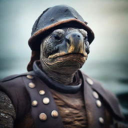 A raw photograph of an old, weathered turtle man who is a sea captain of an old wooden ship