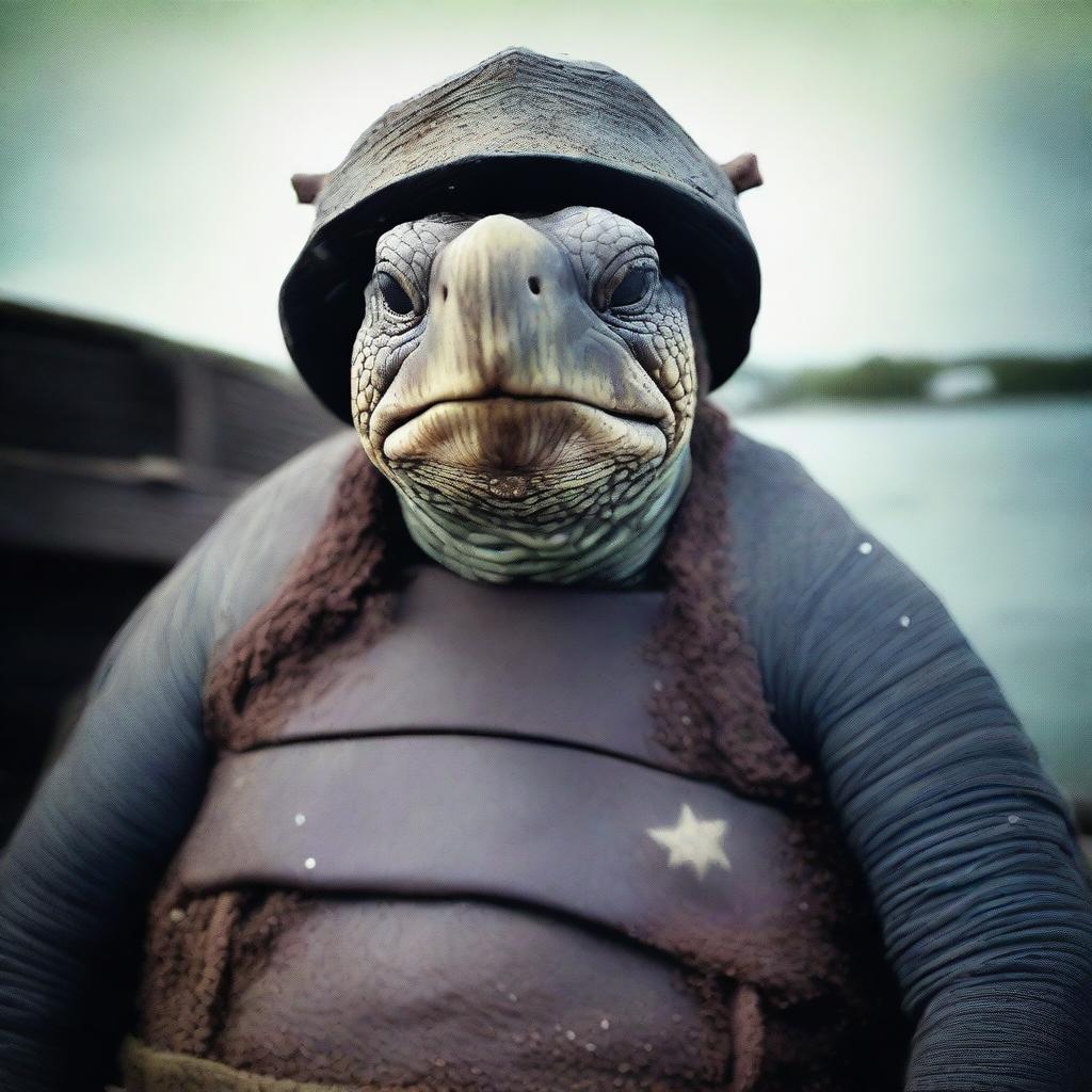 A raw photograph of an old, weathered turtle man who is a sea captain of an old wooden ship