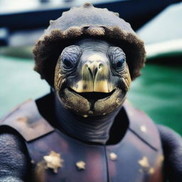 A raw photograph of an old, weathered turtle man who is a sea captain of an old wooden ship