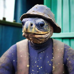 A raw photograph of an old, weathered turtle man who is a sea captain of an old wooden ship