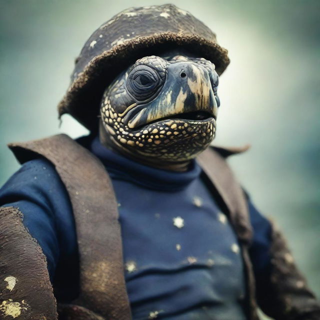 A raw photograph of an old, weathered turtle man who is a sea captain of an old wooden ship