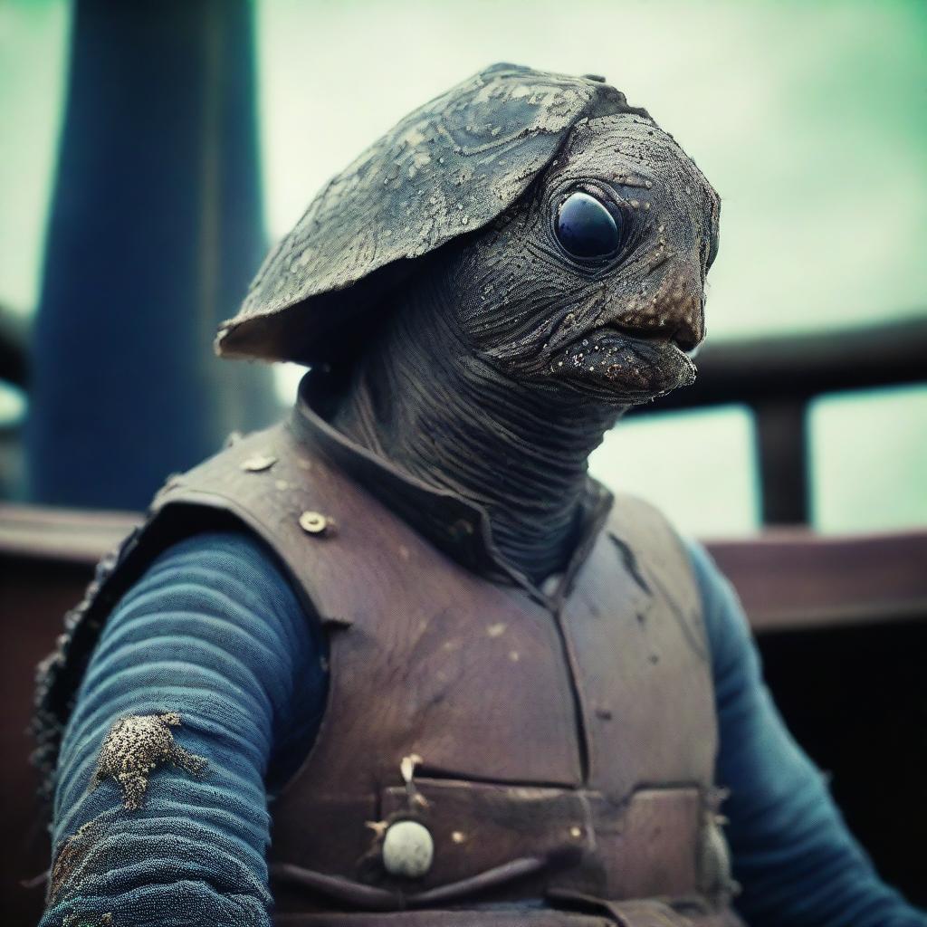 A raw photograph of an old, weathered turtle man who is a sailor on an old wooden ship