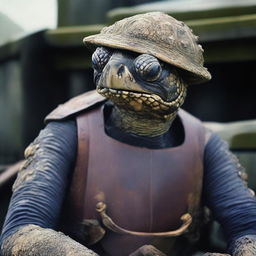 A raw photograph of an old, weathered turtle man who is a sailor on an old wooden ship