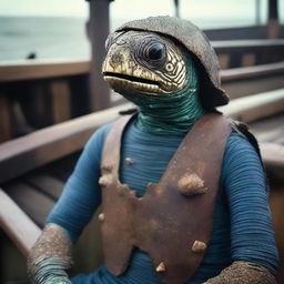 A raw photograph of an old, weathered turtle man who is a sailor on an old wooden ship