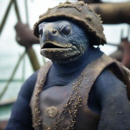 A raw photograph of an old, weathered turtle man who is a sailor on an old wooden ship