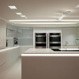 Futuristic, modern kitchen with state-of-the-art appliances, an island countertop, soft white lighting, and sleek cabinets.