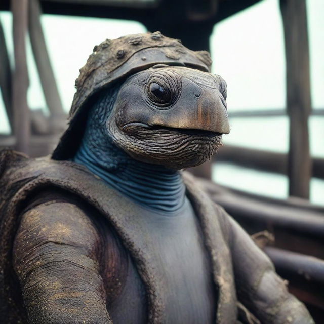 A raw photograph of an old, weathered turtle man who is a sailor on an old wooden ship