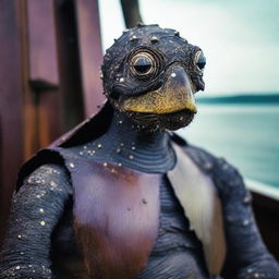 A raw photograph of an old, weathered turtle man who is a sailor on an old wooden ship