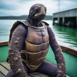 A raw photograph of an old, weathered turtle man who is a sailor on an old wooden ship