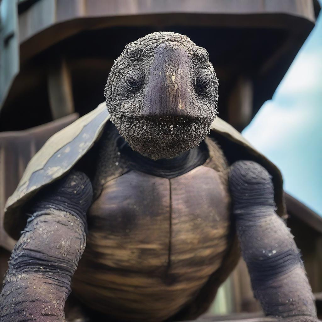 A raw photograph of an old, weathered turtle man who is a captain on an old wooden ship