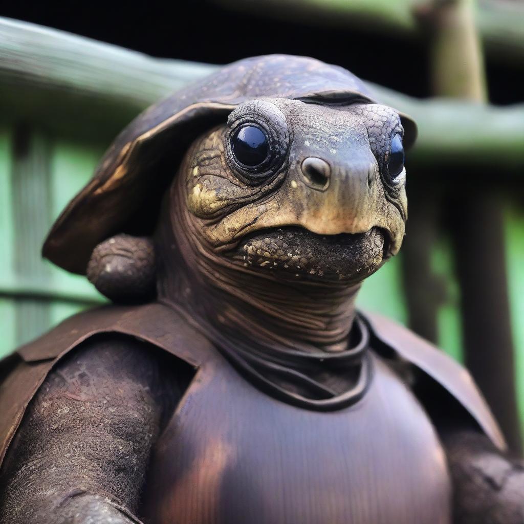 A raw photograph of an old, weathered turtle man who is a captain on an old wooden ship