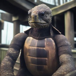 A raw photograph of an old, weathered turtle man who is a captain on an old wooden ship