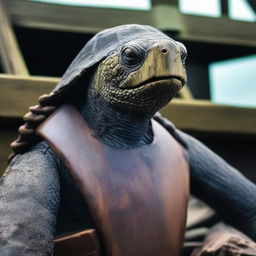 A raw photograph of an old, weathered turtle man who is a captain on an old wooden ship